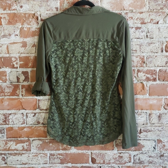 Lace Back Button Up Shirt with Roll Up Sleeves - Picture 8 of 11